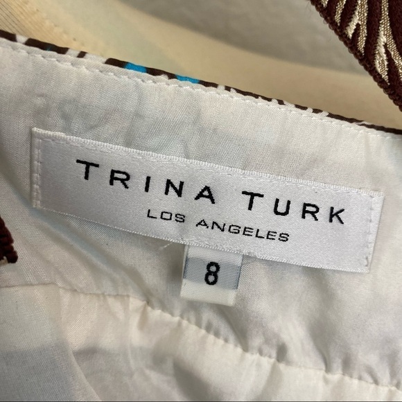 Trina Turk 100% Silk  Blue & Brown Print Dress Elastic Smocked Waist Size 8 - Picture 10 of 11